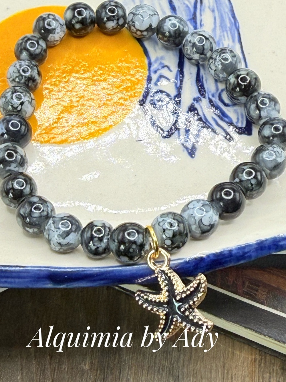 NAUTICAL gold starfish 8mm black agate  beaded bracelet
